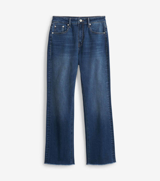 Mid-rise dark blue jeans with a straight leg and frayed hem, displayed flat.