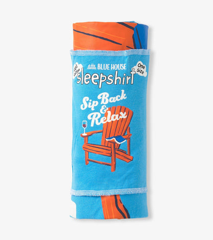 Light blue cotton sleepshirt featuring an orange adirondack chair graphic with the text "Sip Back & Relax." One size.