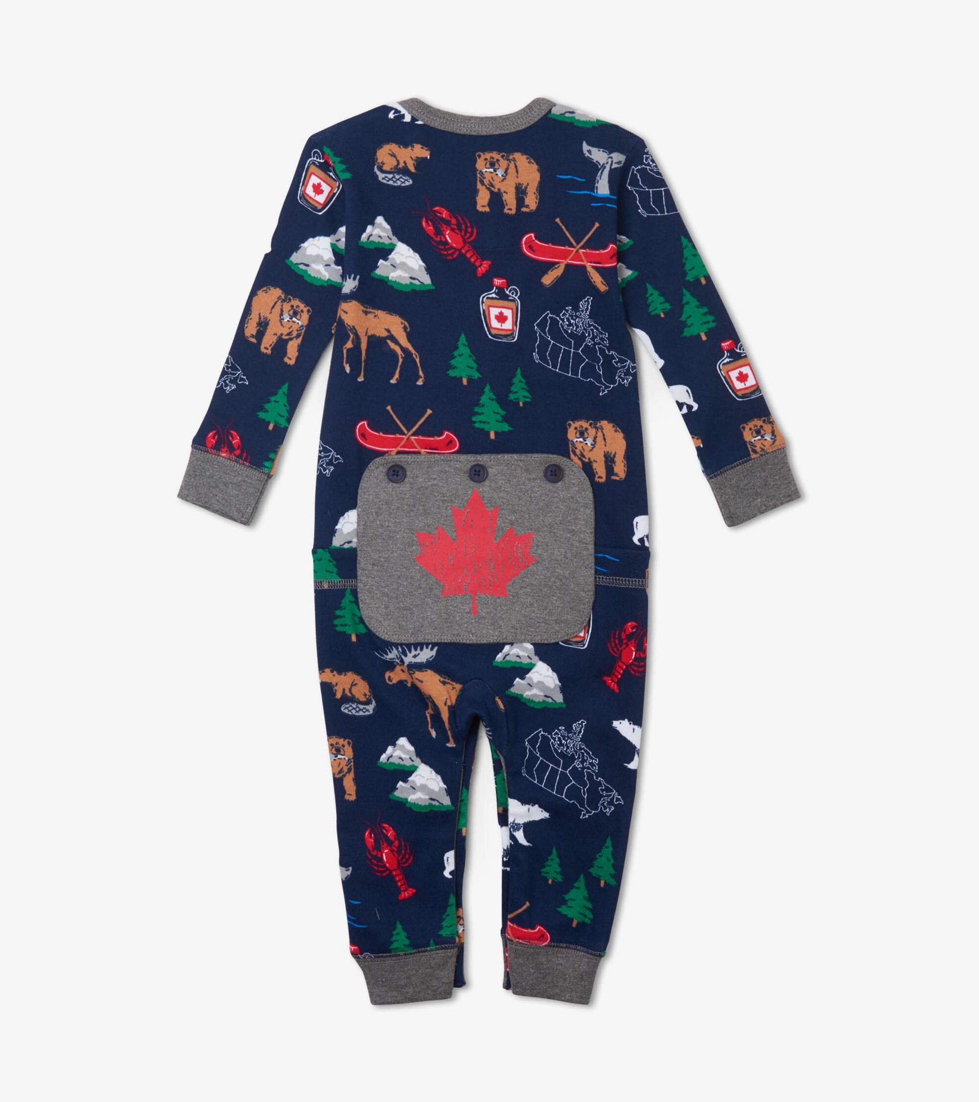 Navy union suit featuring colorful animal and nature prints, with a gray pocket displaying a red maple leaf.