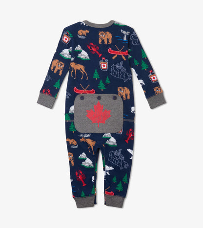 Navy union suit featuring colorful animal and nature prints, with a gray pocket displaying a red maple leaf.