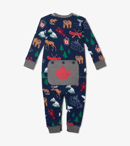 Navy union suit featuring colorful animal and nature prints, with a gray pocket displaying a red maple leaf.