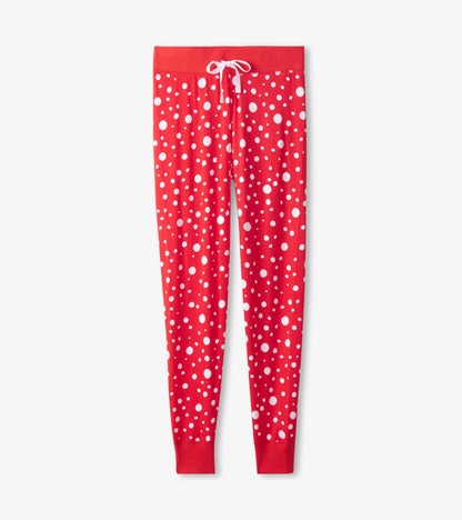 Red leggings featuring a playful white polka dot pattern, designed for comfortable Christmas sleepwear.
