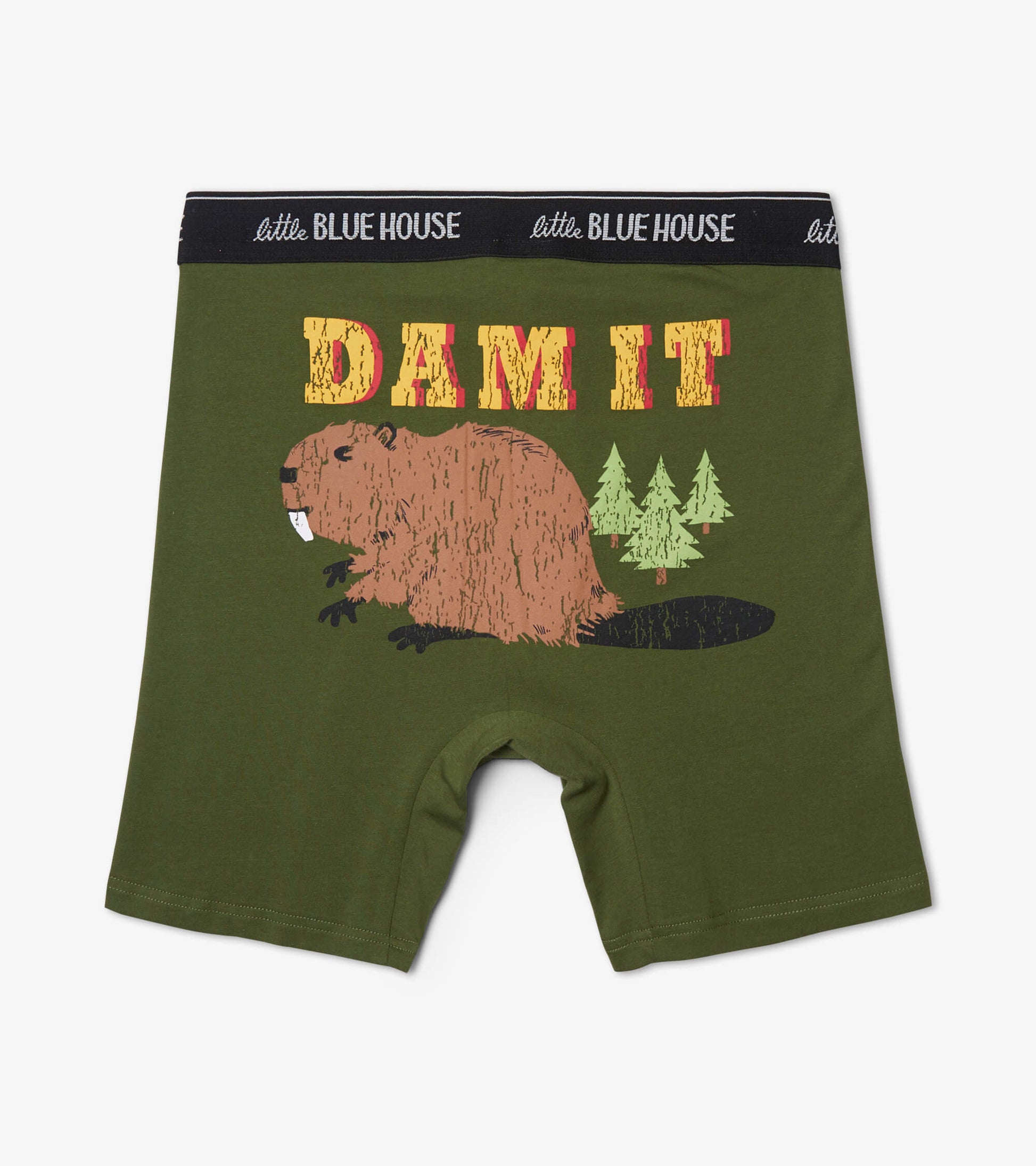 Green boxer briefs featuring a beaver graphic and trees, with a black waistband displaying text.