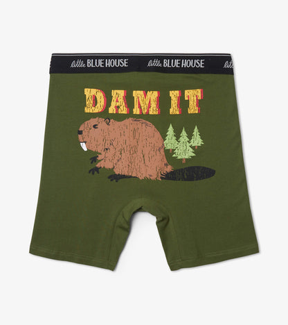 Green boxer briefs featuring a beaver graphic and trees, with a black waistband displaying text.