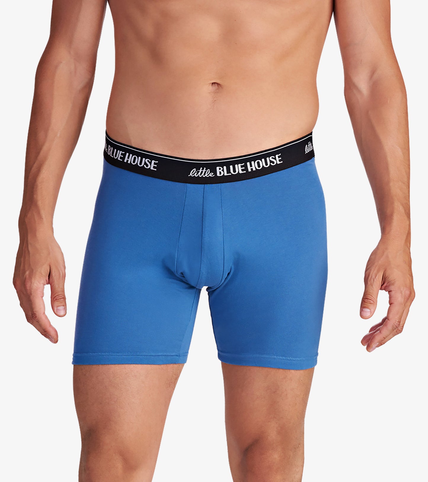 Blue men's boxer briefs with a black waistband, featuring a snug fit and soft material.
