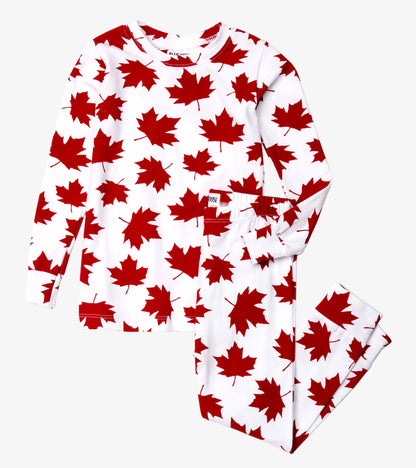 Red maple leaf pattern on white fabric, long-sleeve top and matching pants, suitable for kids' sleepwear.