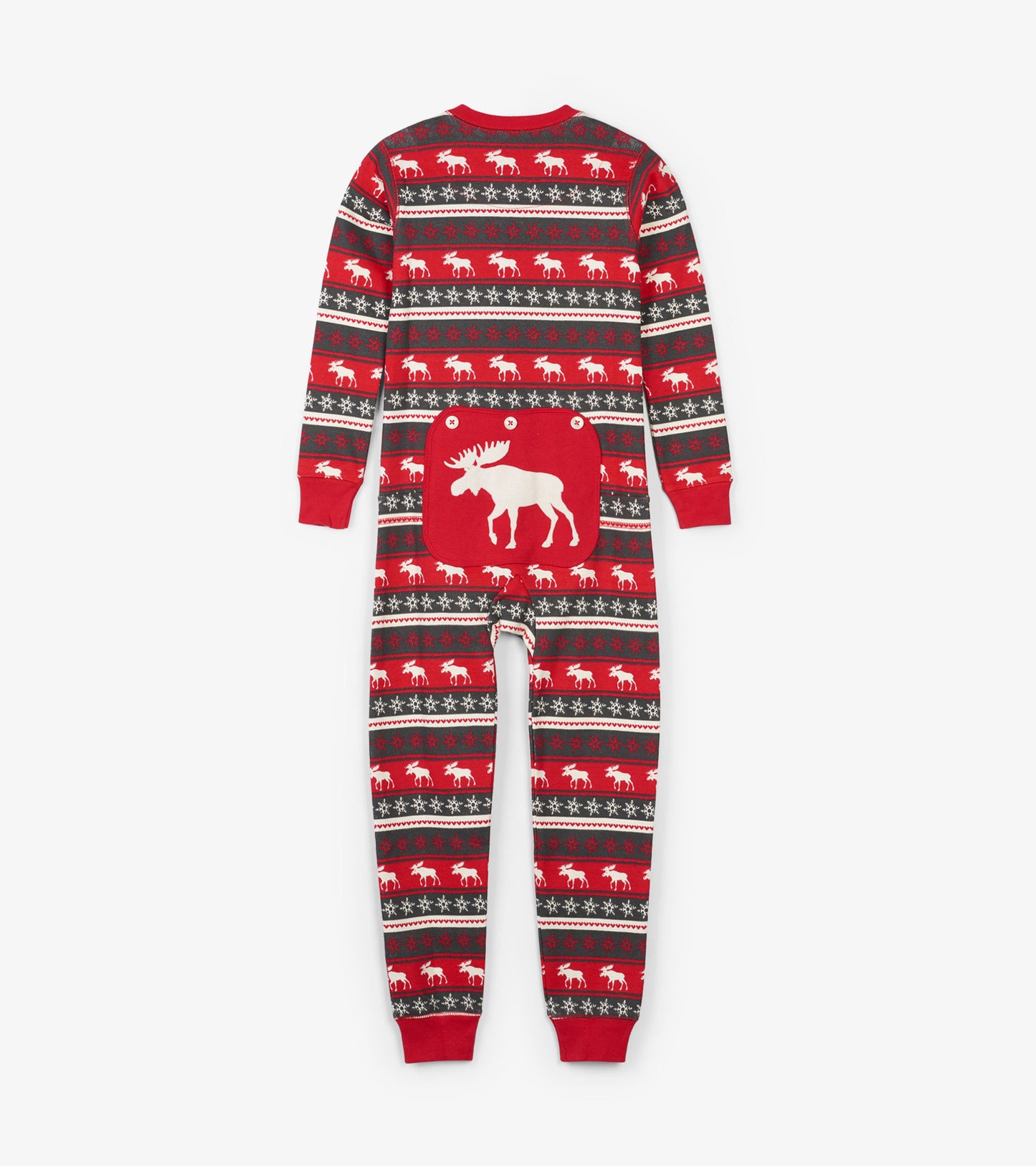 Red Fair Isle patterned kids' onesie featuring moose designs and a white moose patch on the back. Long sleeves and snug fit.