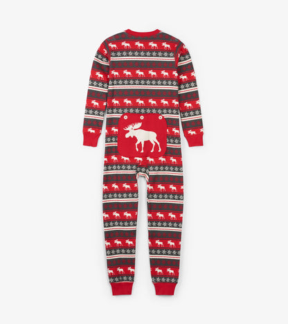 Red Fair Isle patterned kids' onesie featuring moose designs and a white moose patch on the back. Long sleeves and snug fit.