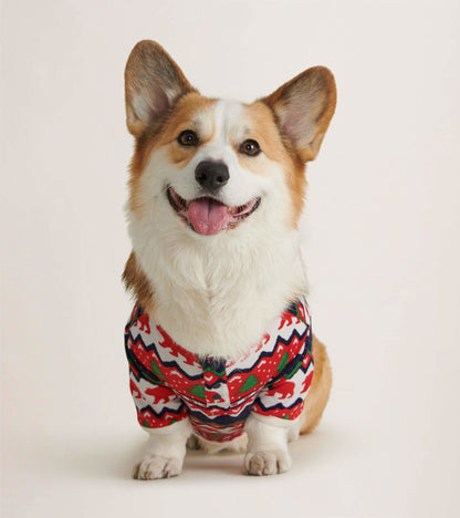 Red and white Fair Isle patterned dog tee featuring bear motifs, worn by a smiling corgi.