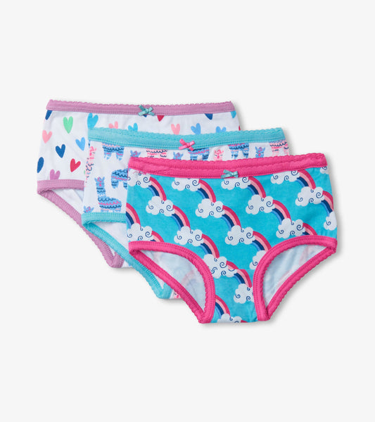 Three pairs of girls' hipster underwear featuring colorful heart, llama, and rainbow cloud patterns with pink trim.