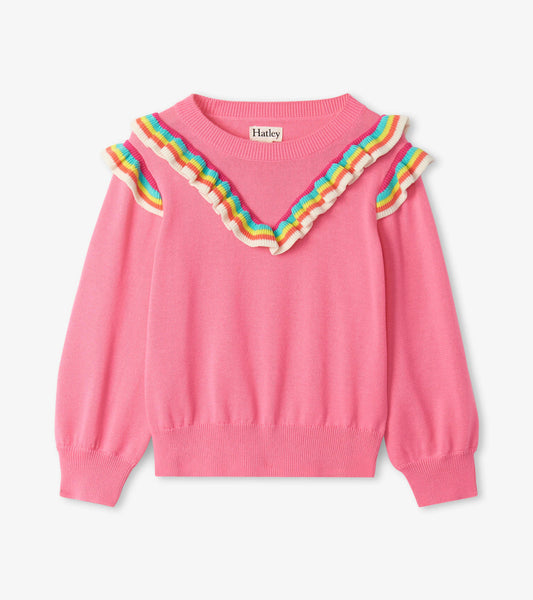 Pink sweater featuring colorful ruffle accents along the shoulders and a ribbed hem, perfect for casual wear.