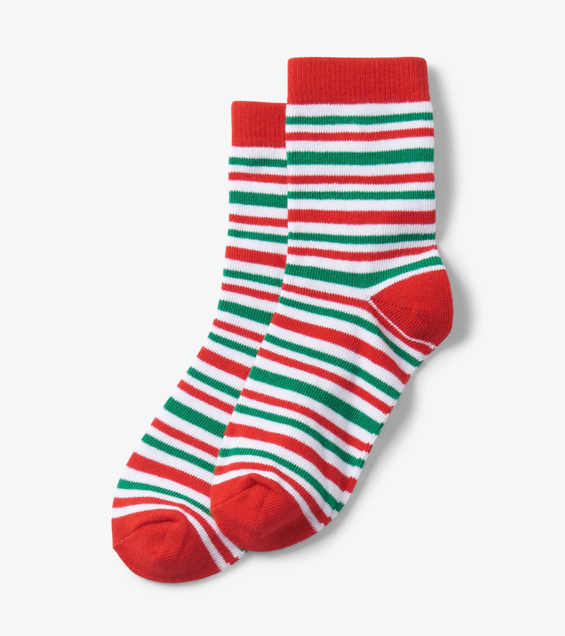 Red crew socks with green and white candy cane stripes, suitable for kids aged 2-7.