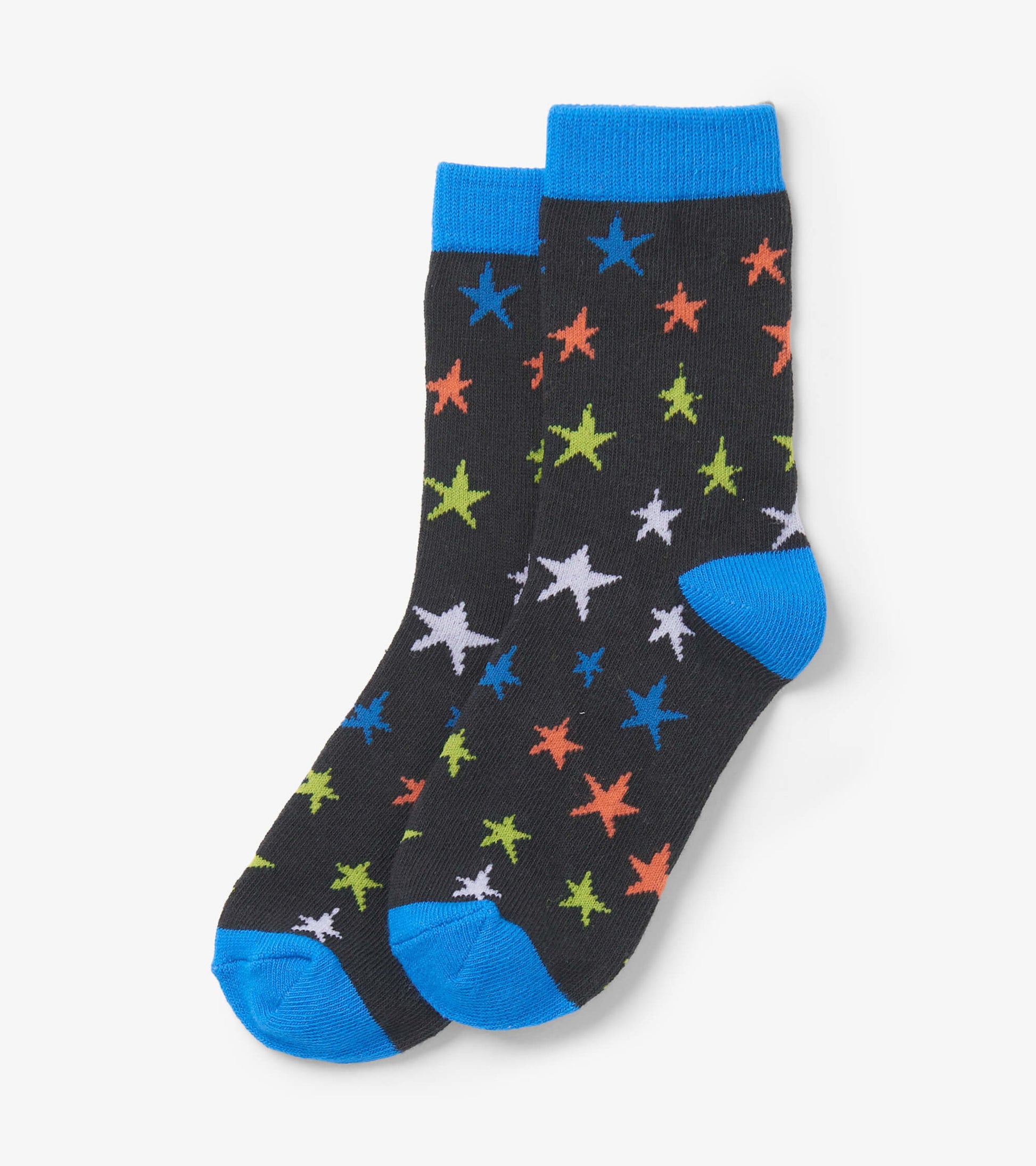 Black crew socks featuring colorful star patterns in orange, green, blue, and white, with blue cuffs and toe.