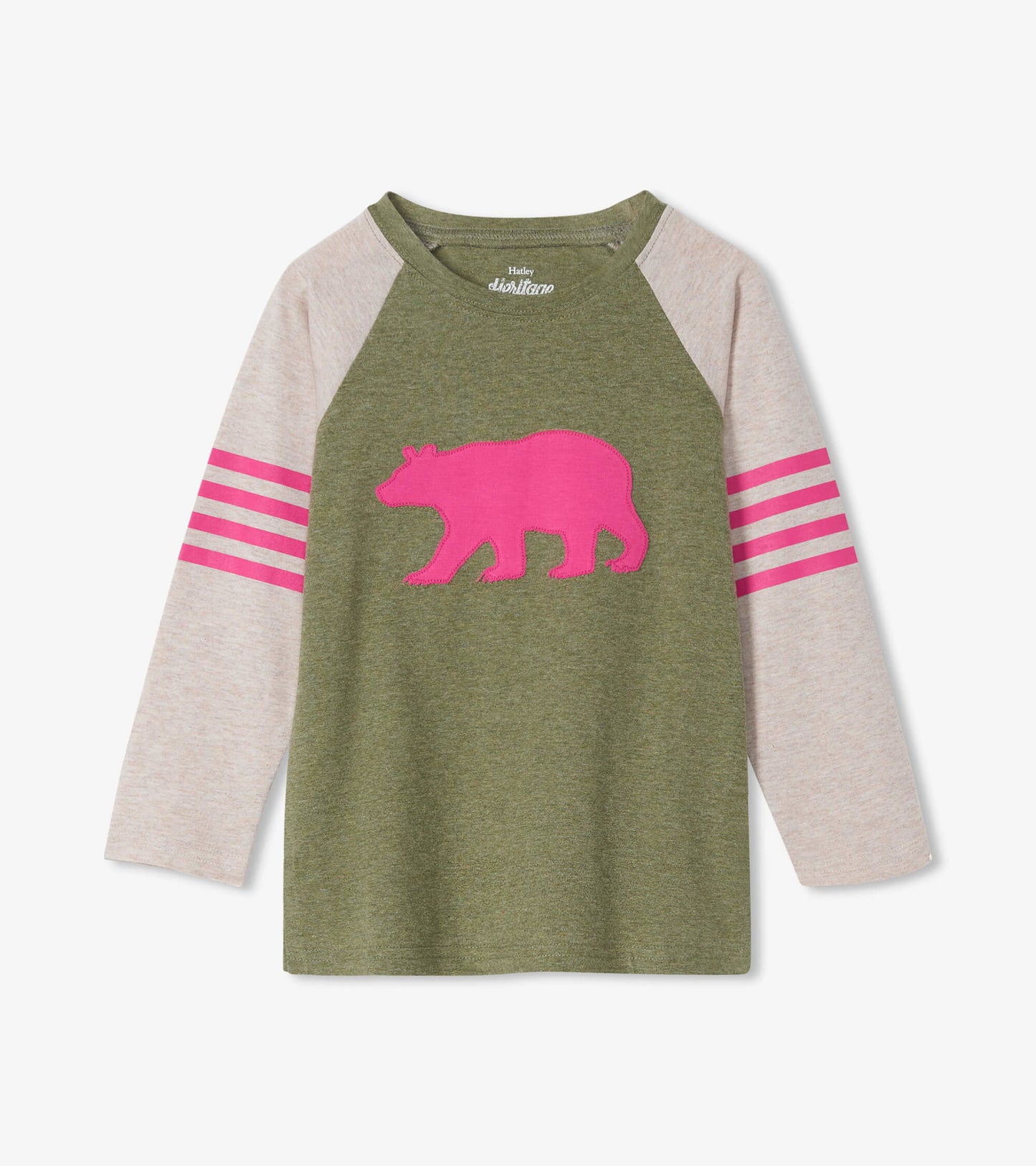 T-shirt à manches longues raglan pour enfant, collection Heritage – Ours sur fond vert forêt
