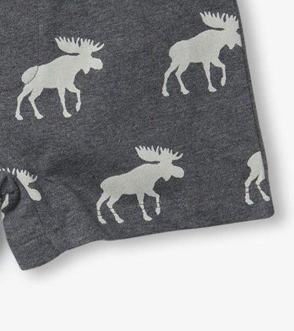 Gray boxer briefs featuring white moose silhouettes, made from soft cotton material.