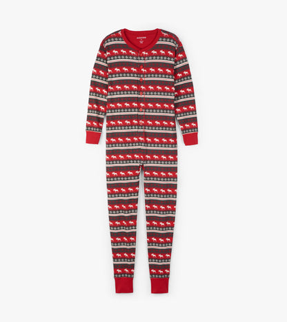 Red Fair Isle patterned adult onesie featuring moose and snowflakes, with long sleeves and button closure.