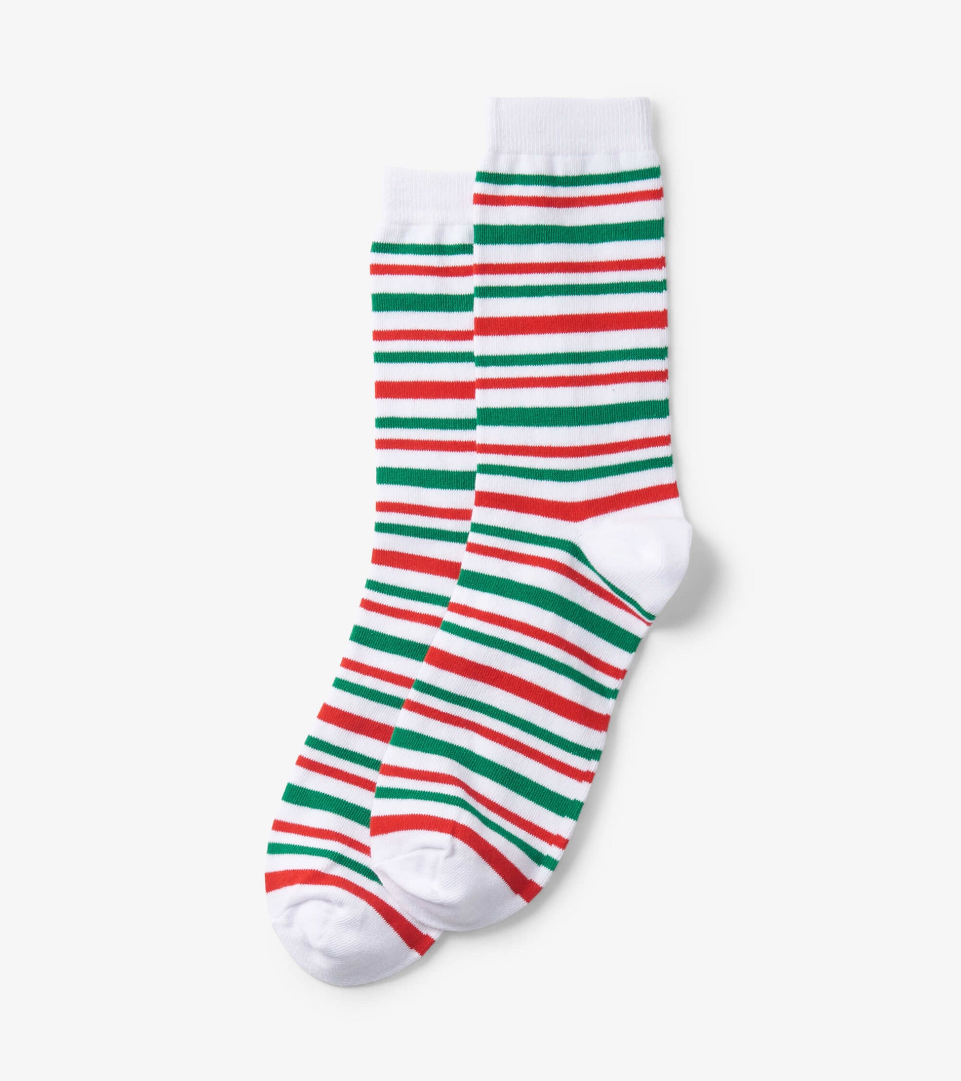 Red, green, and white striped crew socks made of soft material, suitable for casual wear.