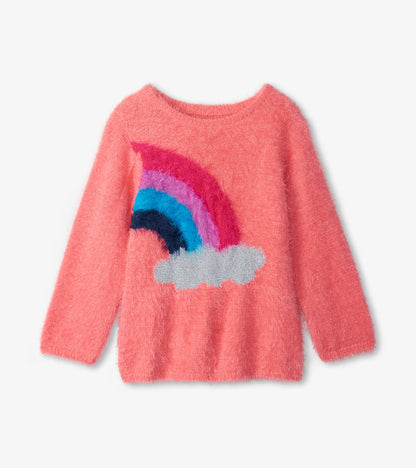 Fuzzy coral sweater featuring a colorful rainbow and cloud design, perfect for cozy wear.
