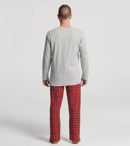 Men's flannel pajama pants in red and green plaid pattern, relaxed fit, perfect for holiday lounging.