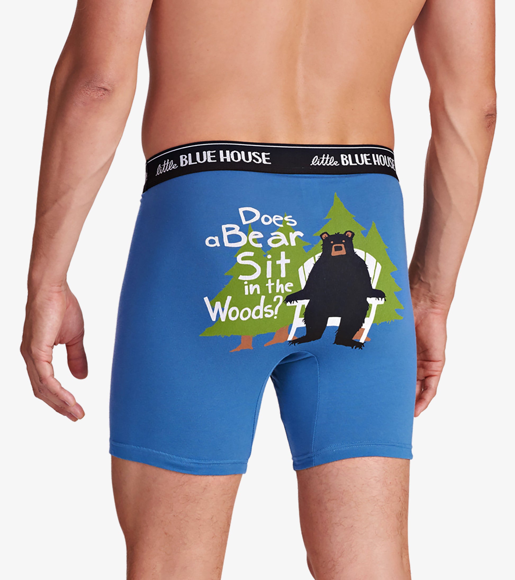Blue men's boxer briefs featuring a bear graphic and text, with a comfortable waistband.