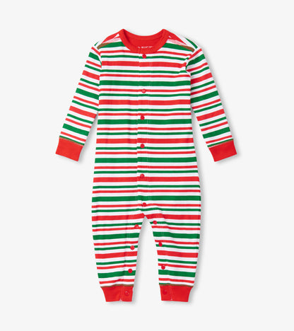 Red, green, and white striped union suit with long sleeves and snap buttons, suitable for infants.