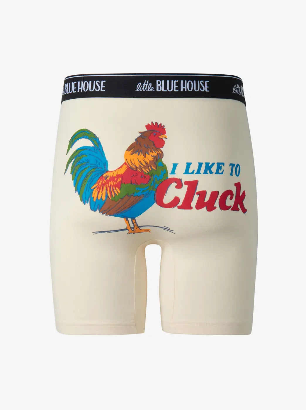 Promotes boxer briefs category. Showing cream boxer briefs with a colorful rooster graphic. With "I Like to Cluck" text.