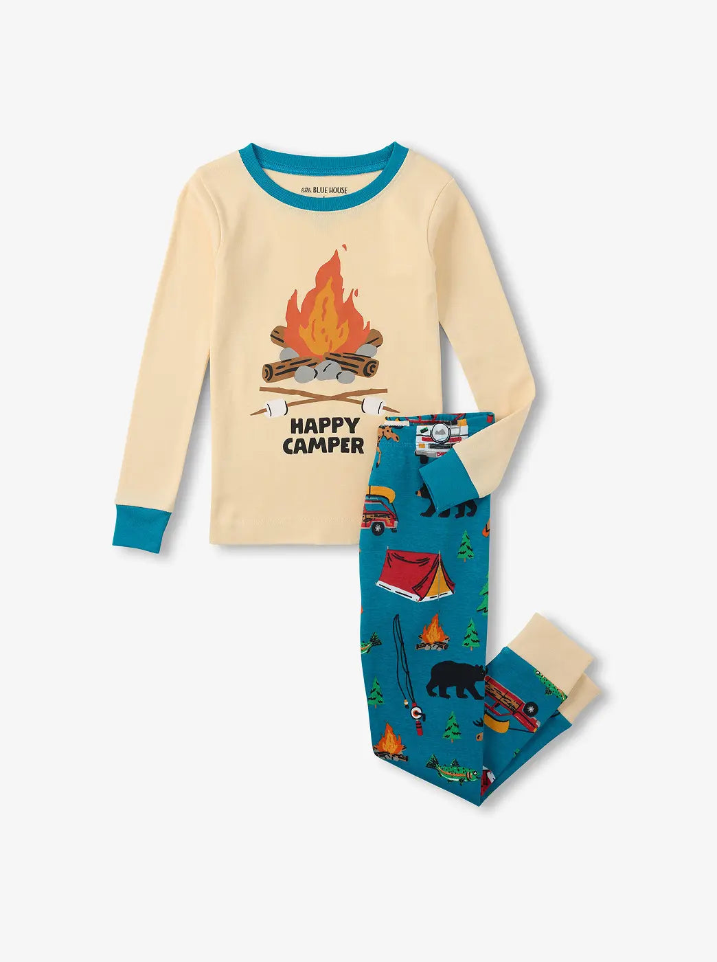 Shop all kids' clothing. Showing kids' camp-themed pajama set with a cream long-sleeve top and blue printed pants.