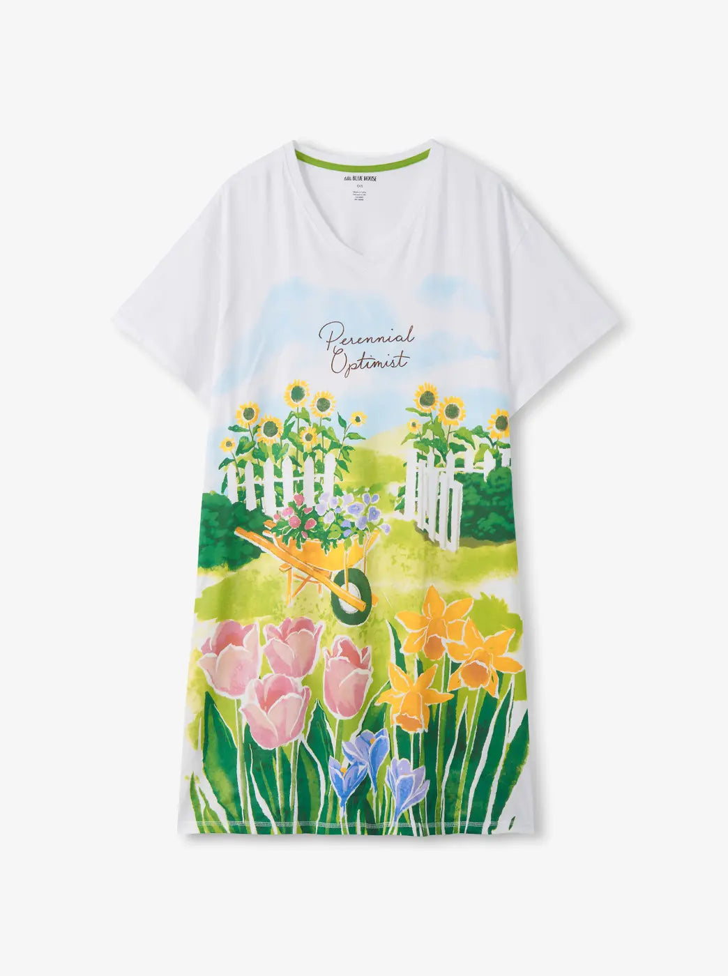 Promotes the sleepshirts category. Showing white sleepshirt with a colorful garden illustration and flowers.