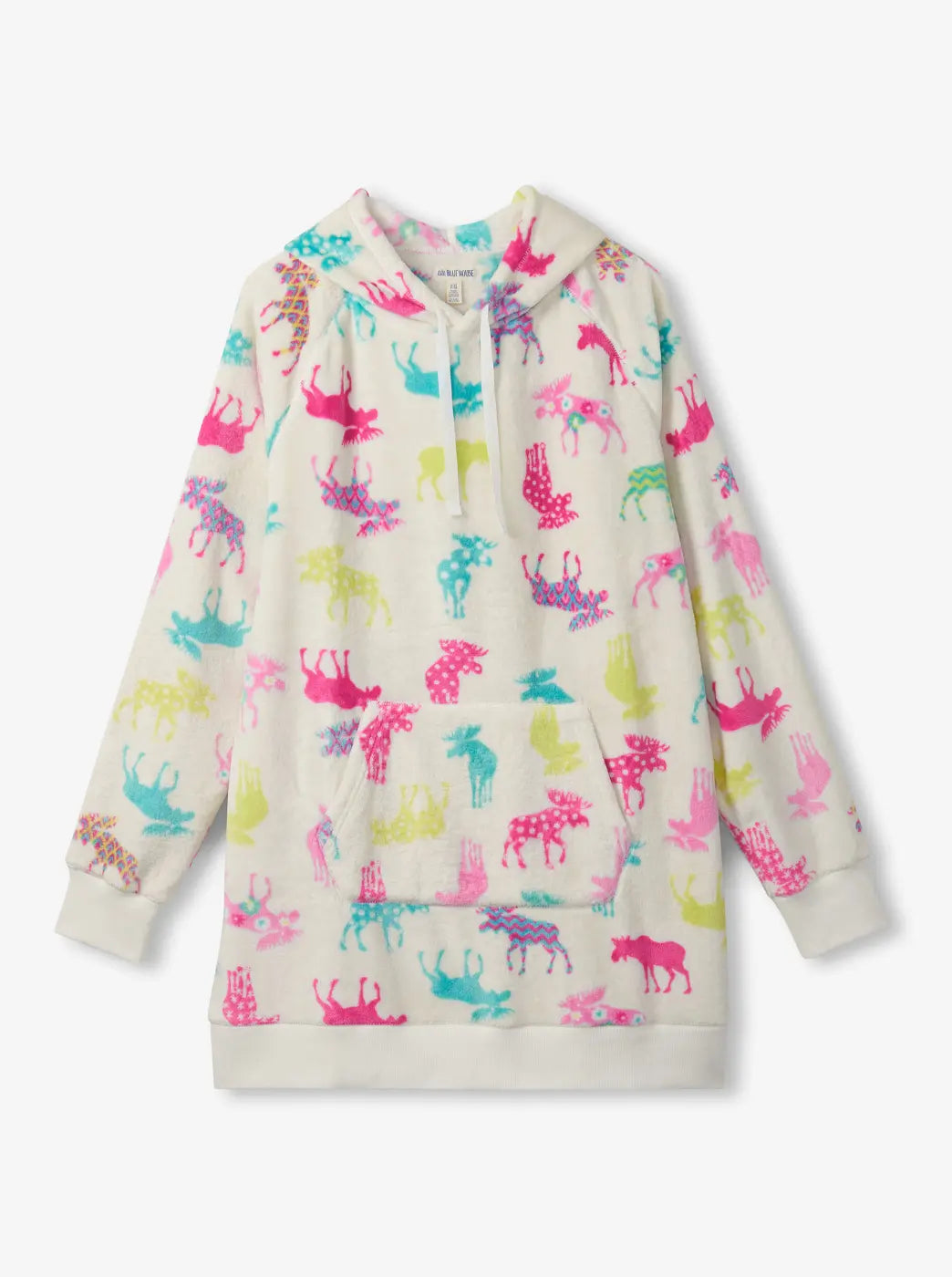 Shop all women's clothing. Showing cream hooded sweatshirt with colorful animal print on a white background.