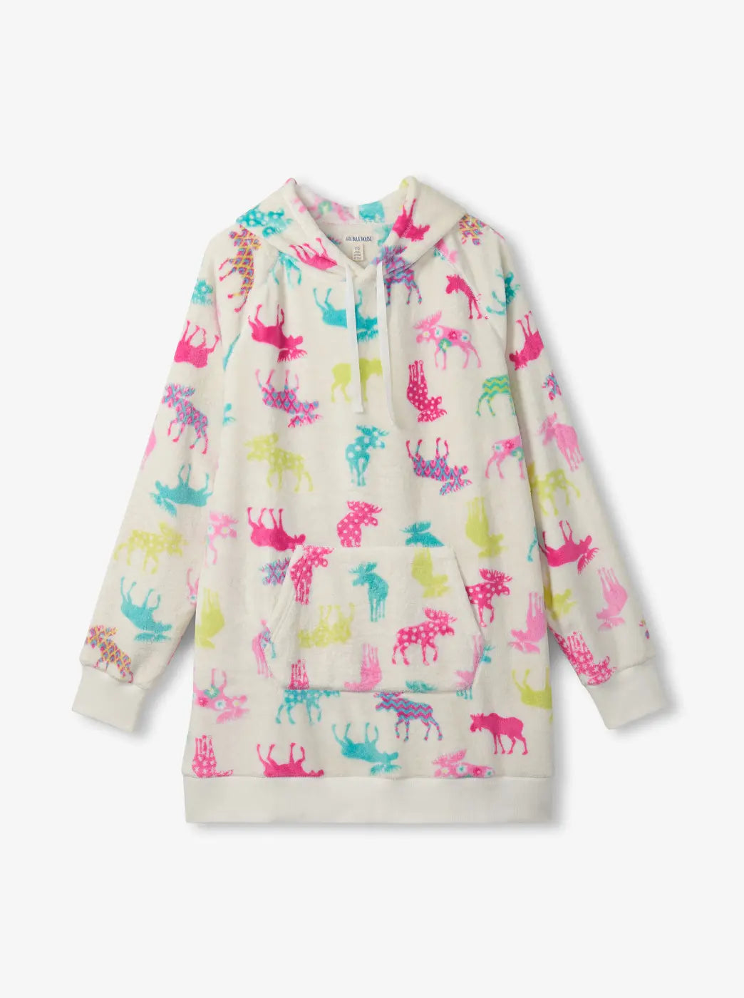Shop women's pajamas. Showing cream hooded pajama top with bright pink, blue, and yellow animal print.