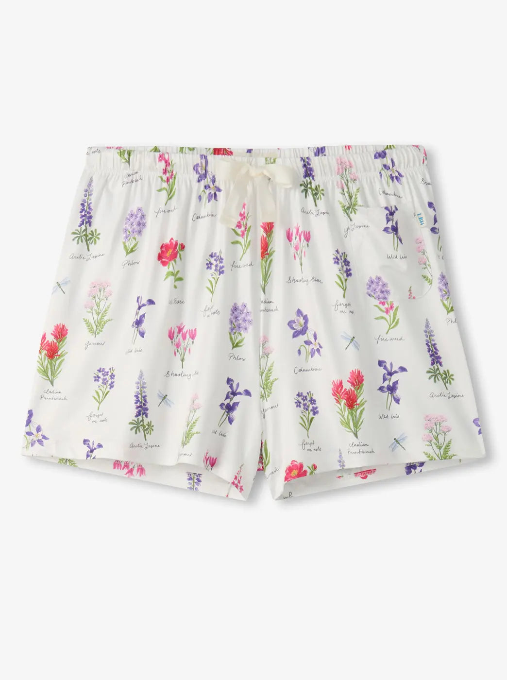 Shop women's pajama shorts. Showing white pajama shorts with a colorful floral print. With "Pajama Shorts" text.