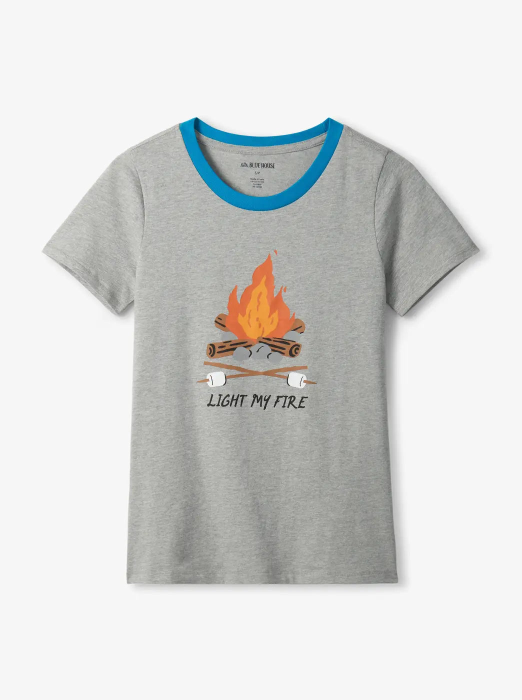 Shop women's pajama tops. Showing heather grey short-sleeve pajama tee with a campfire graphic and blue trim.