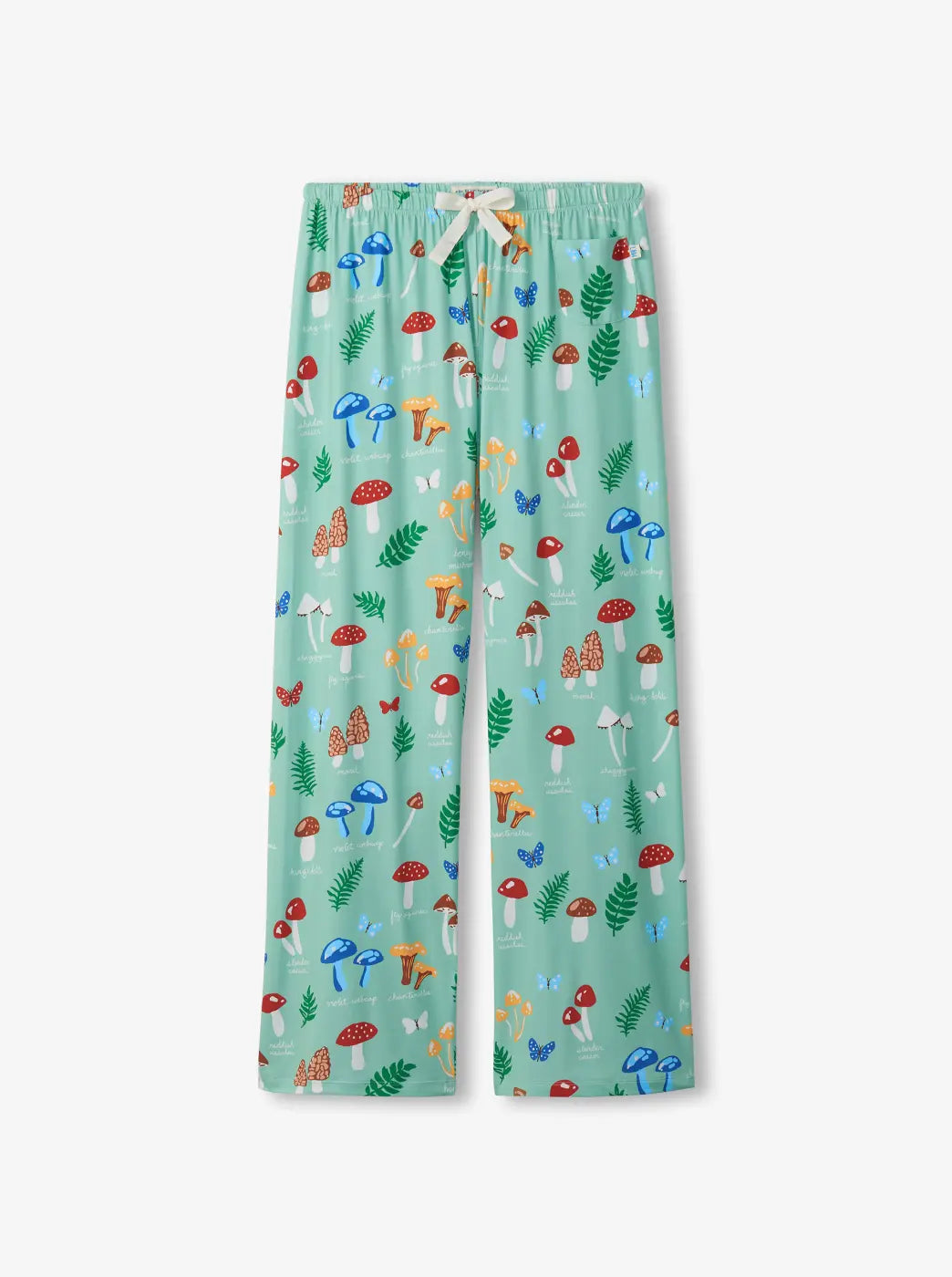 Shop women's pajama bottoms. Showing mint green pajama pants with a whimsical mushroom and leaf print.