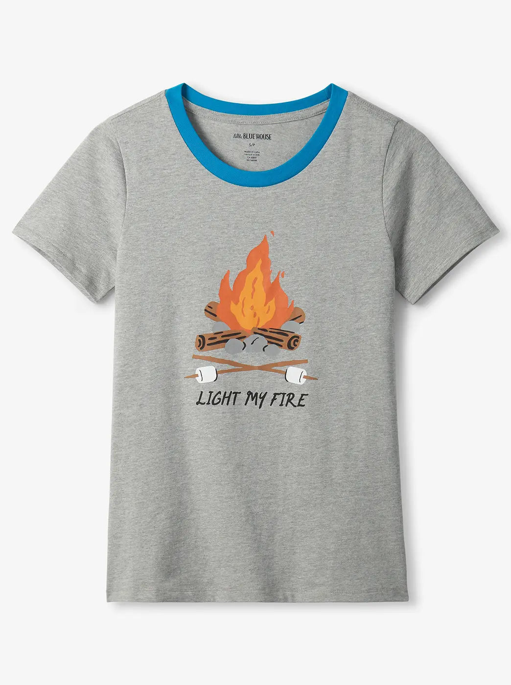 Shop women's pajama tops. Showing heather grey pajama t-shirt with blue trim and campfire graphic.