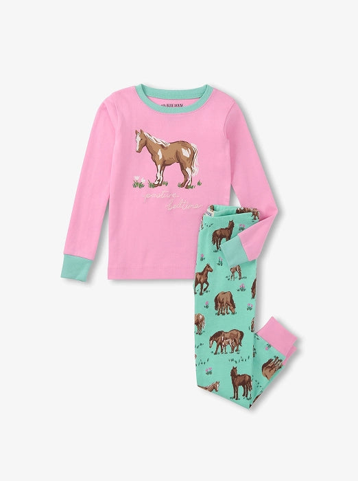 Promotes kids and baby sale items. Showing pink horse-print pajama top with mint horse-print pants.
