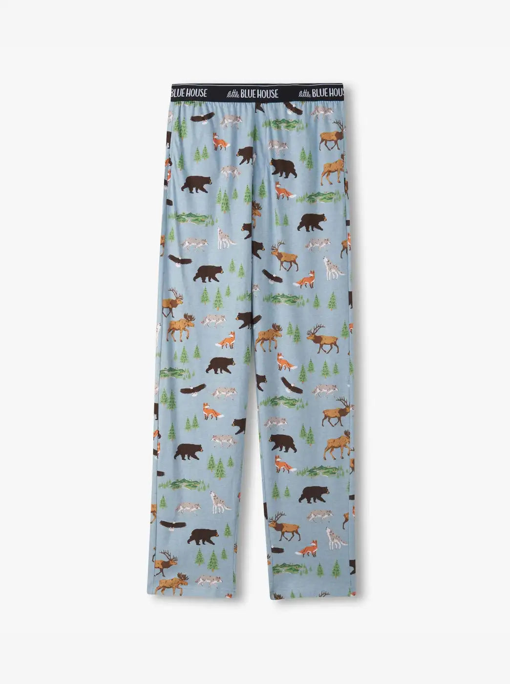 Light blue lounge pants with forest animal print and black logo waistband