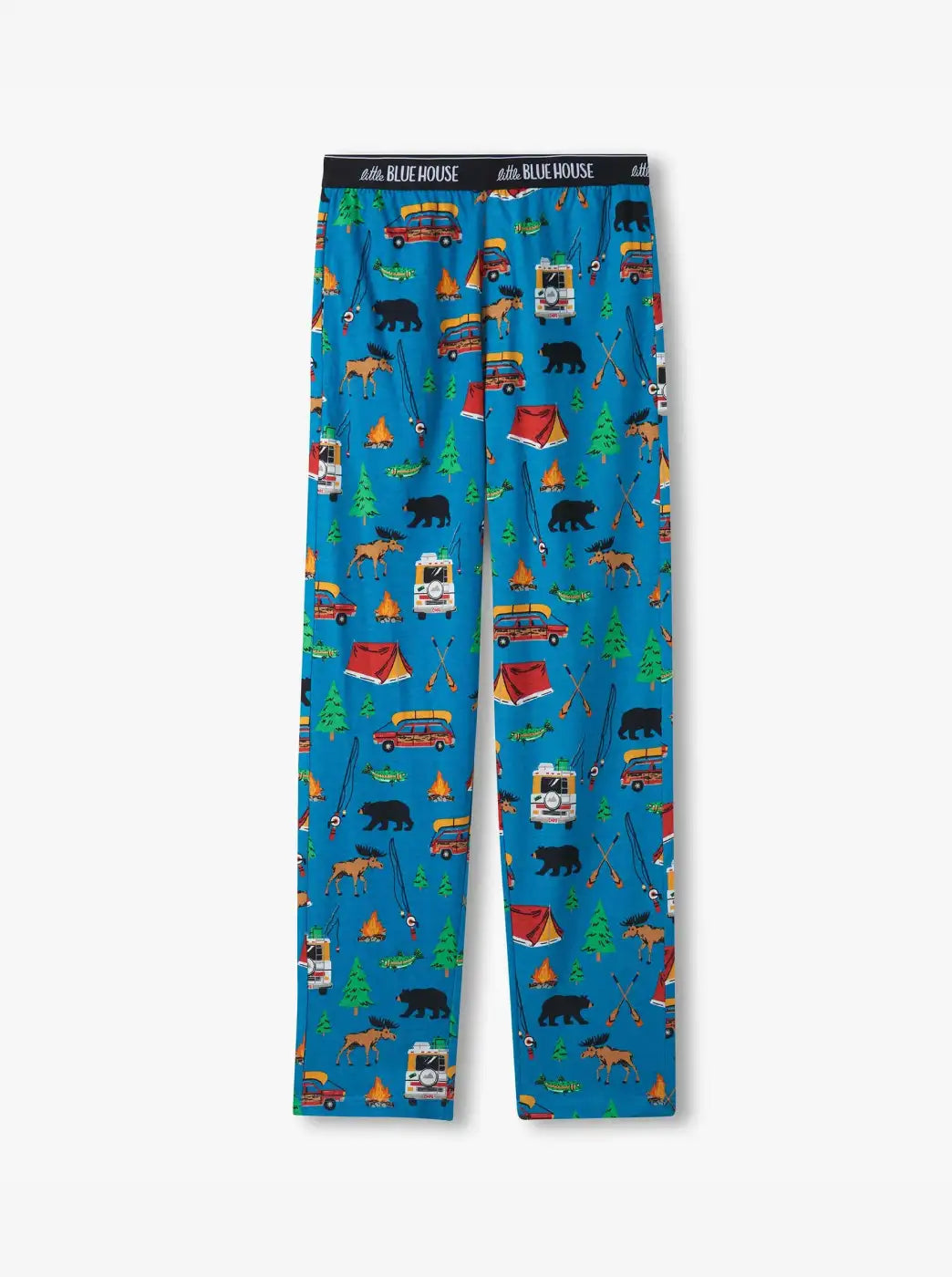 Promotes men's clothing bottoms. Showing blue pajama pants with a camping and wildlife print.