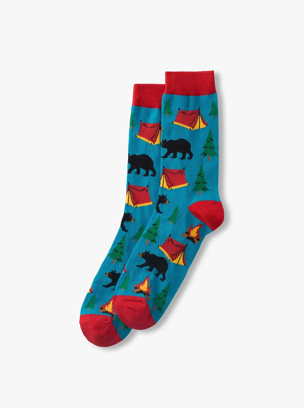 Shop men's socks. Showing blue crew socks with a camping print featuring tents, bears, trees and campfires.