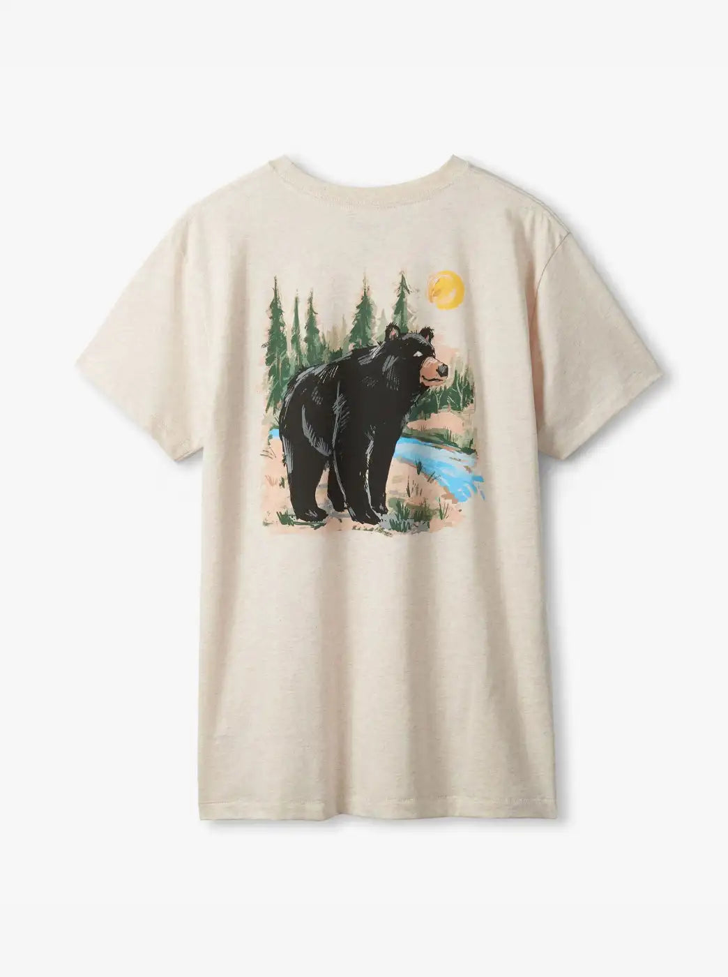 Shop all men's clothing. Showing cream graphic t-shirt with a bear and forest illustration.