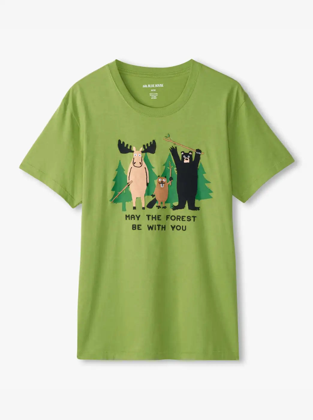 Shop Father's Day gifts. Showing green graphic t-shirt with woodland animals.