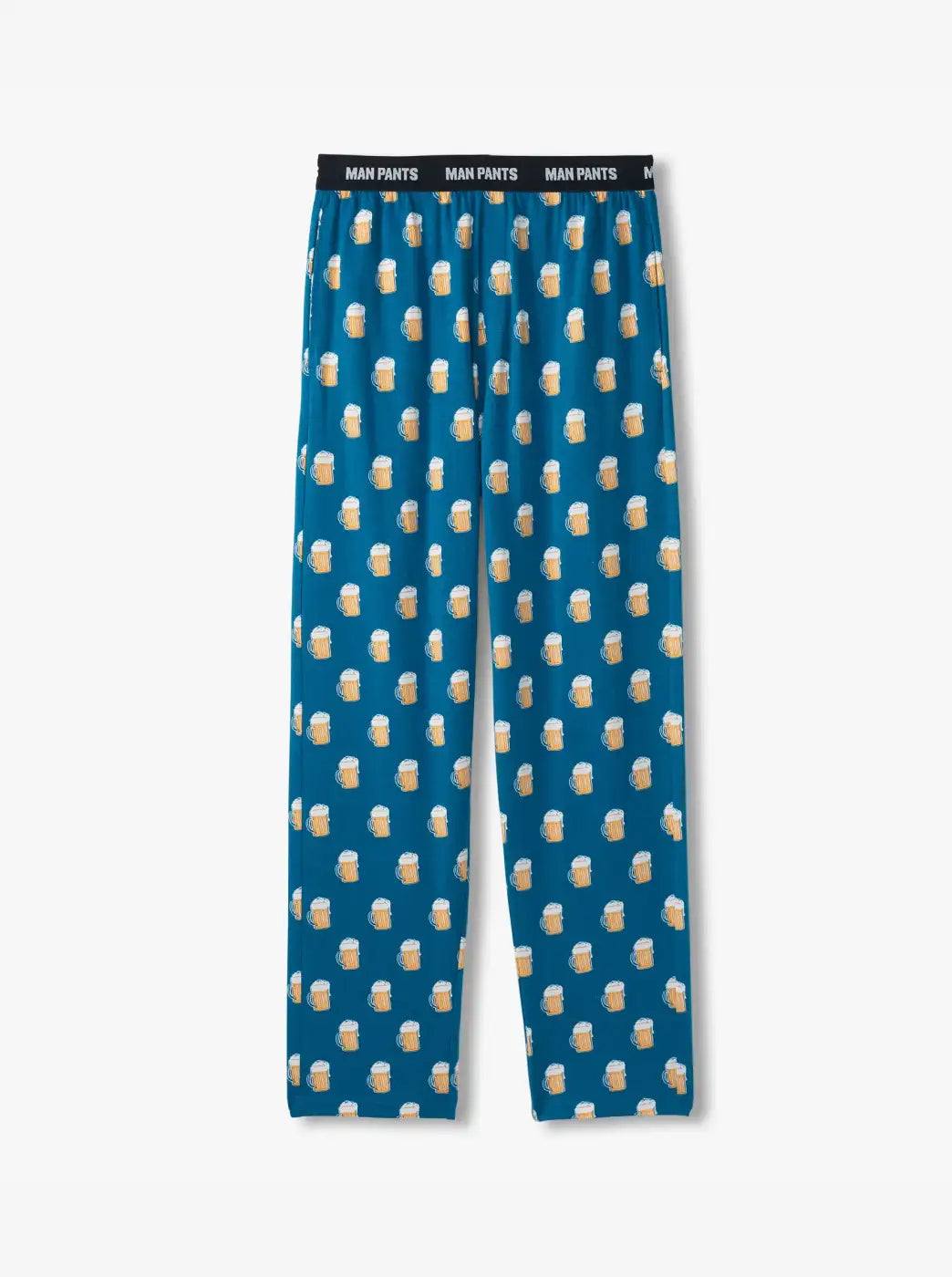Promotes Father's Day gifts collection. Showing blue pajama pants with beer mug print and man pants waistband.