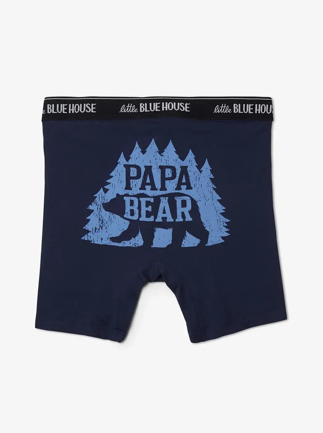 Promotes Father's Day gift ideas. Showing navy boxer briefs with a bear and trees graphic. With 