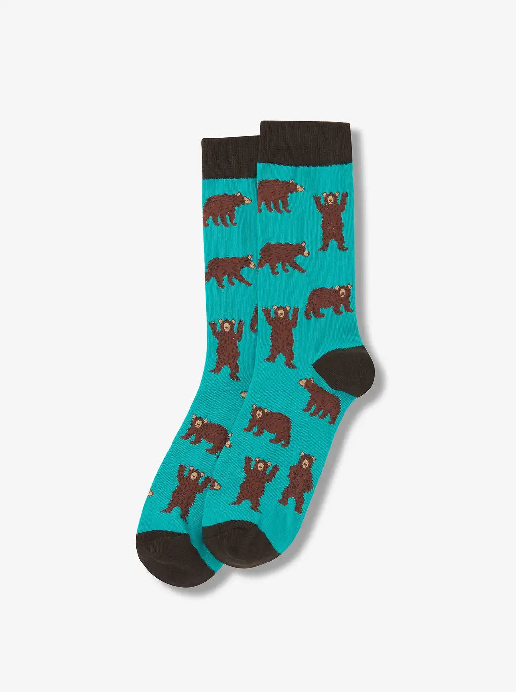 Shop Father's Day gifts socks collection. Showing turquoise socks with brown bear pattern.