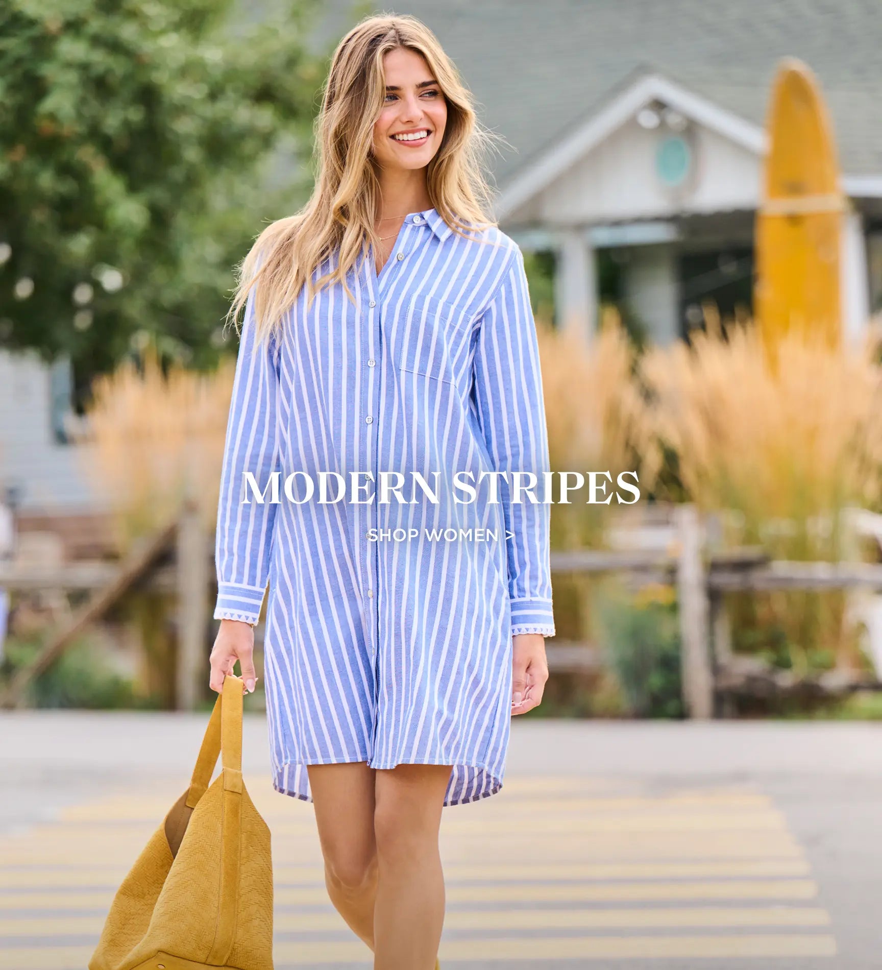 Promotes women's striped apparel collection. With 